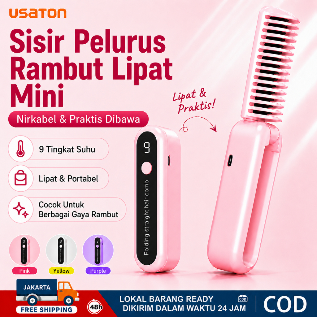 Catokan Rambut Lipat Cordless Catokan Mini 9 Level Suhu Sisir Pelurus Rambut Wireless Type-C