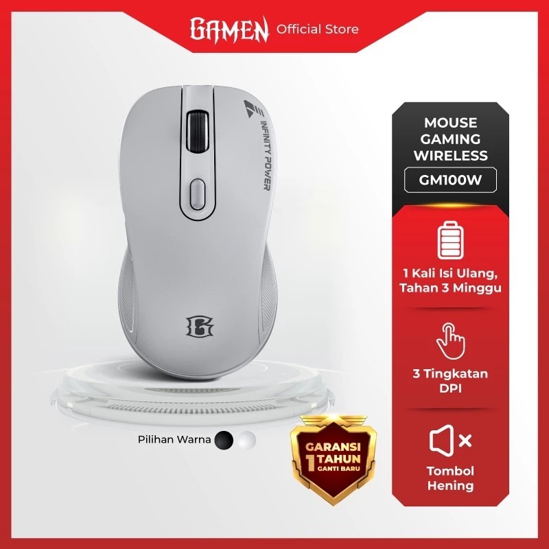 GAMEN GM100W Mouse Wireless Rechargeable Silent White Chip Pixart Gaming