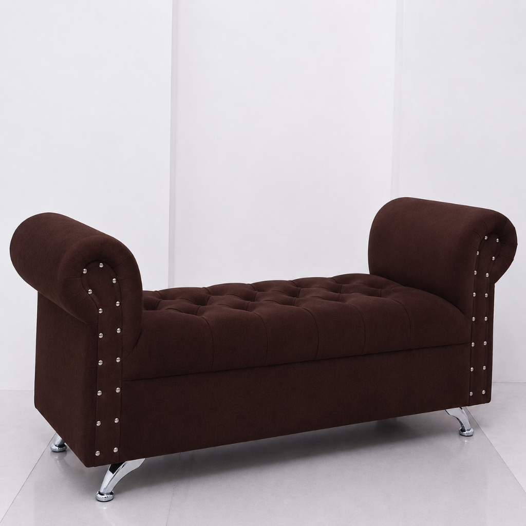 Sofa Chaise Lounge Minimalis Merah – Kaki Kayu Bench Nyaman & Estetik Sofa Ruang Tamu