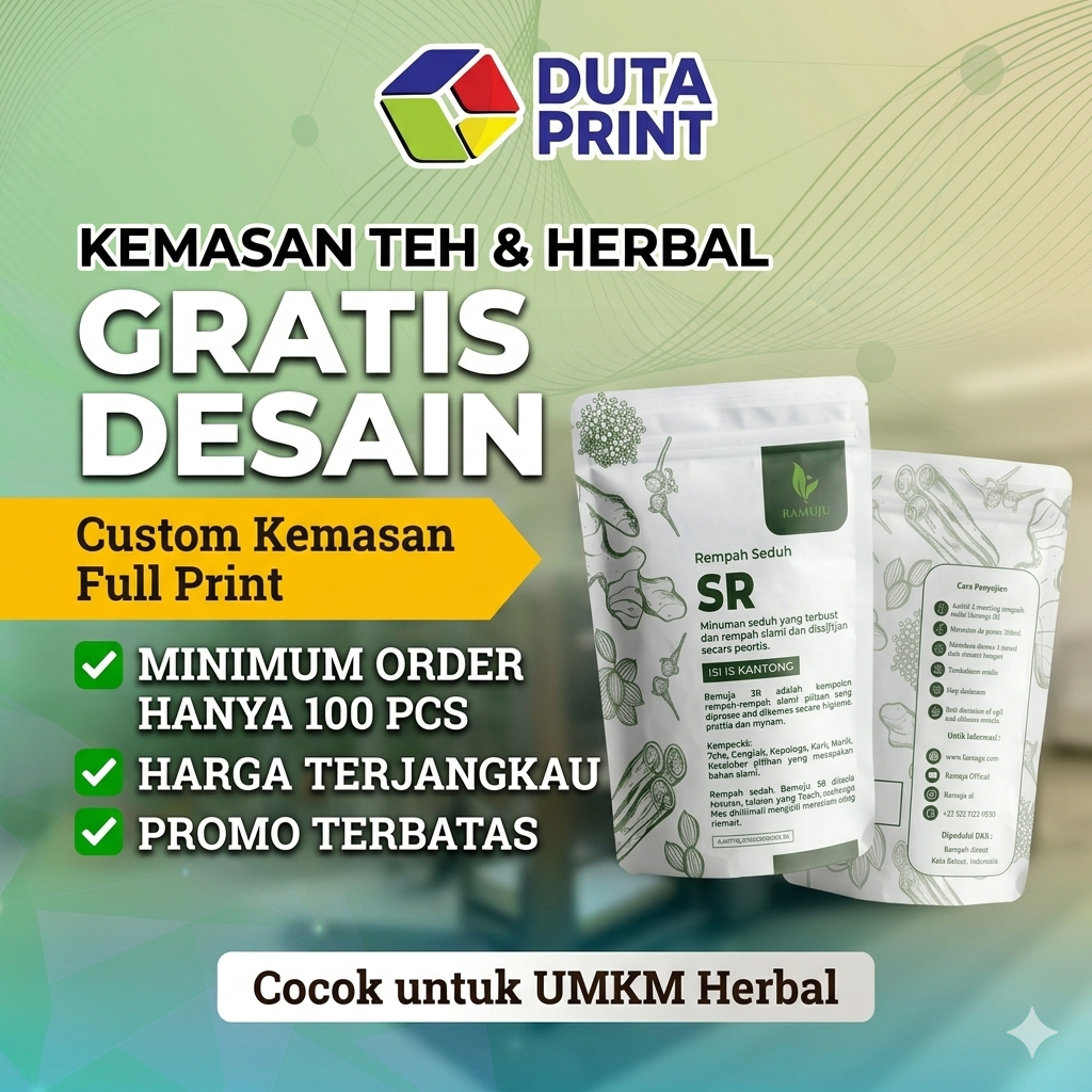 Plastik Kemasan Herbal & Teh Custom | Standing Pouch Ziplock Full Print | Cocok untuk Jamu, Kopi, Mi