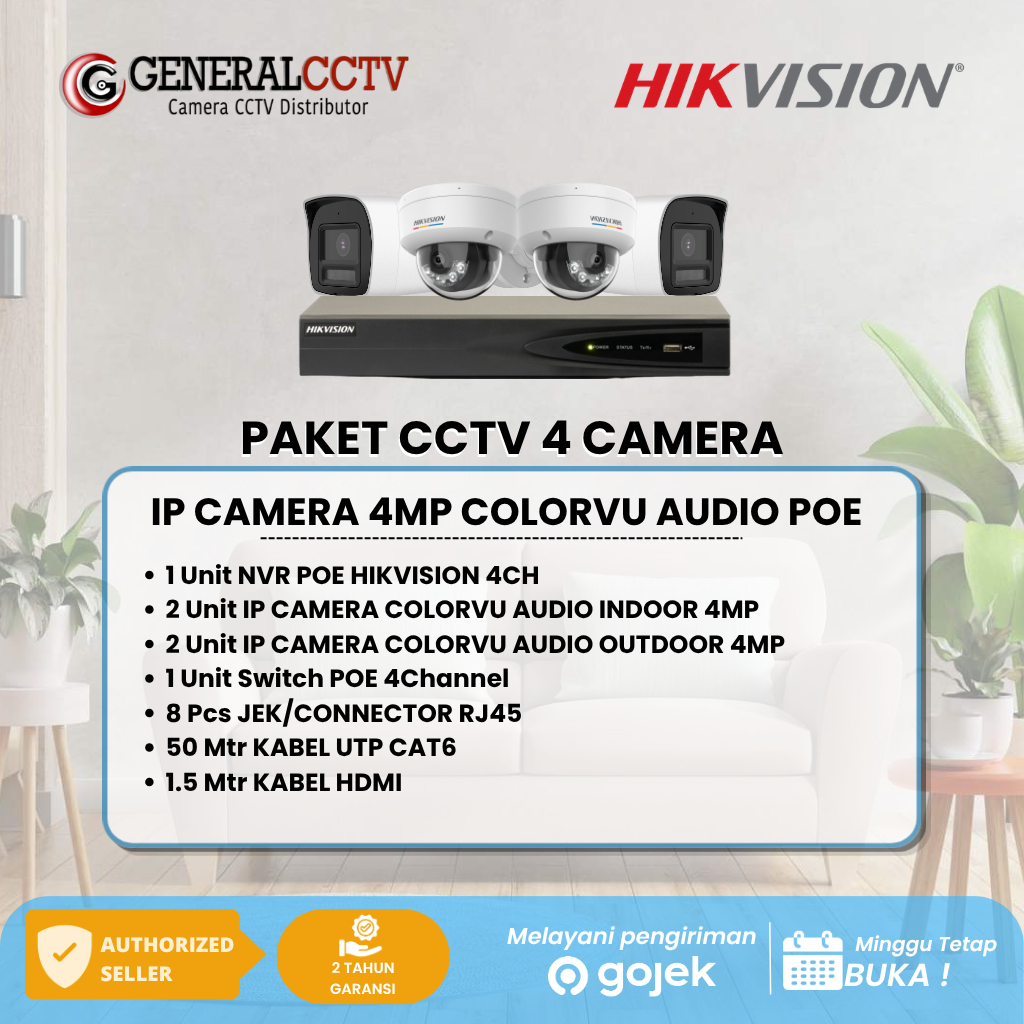 PAKET 4 IP KAMERA HIKVISION 4MP COLORVU AUDIO CAMERA POE
