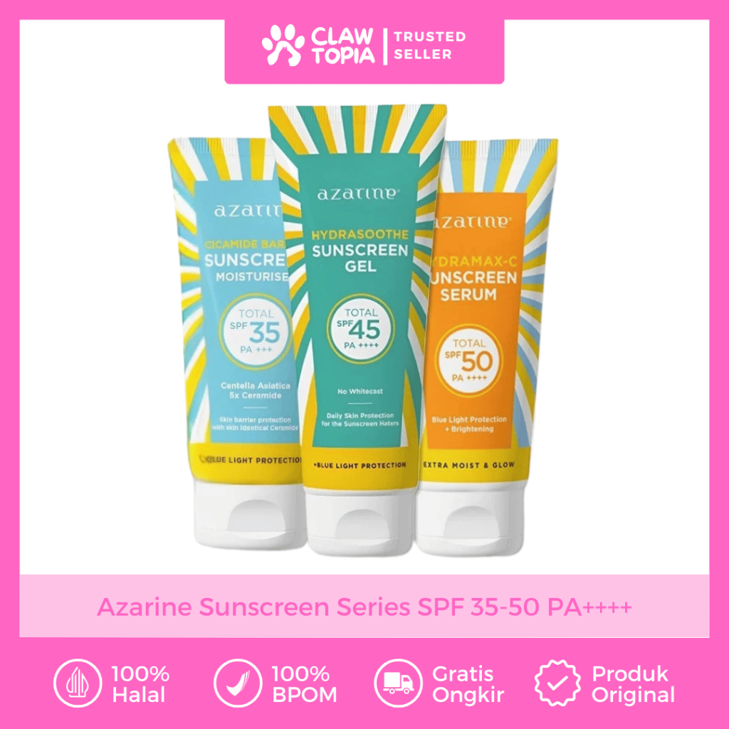 Azarine Sunscreen All Variant Hijau Biru Oren SPF 35 45 50 PA++++ Hydrasoothe Gel Calm My Acne Cicam