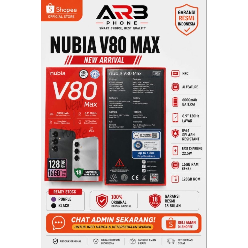 HP nubia V80 Max 8GB/128GB NFC - Layar 6.9" 120Hz, Baterai 6000mAh, IP64