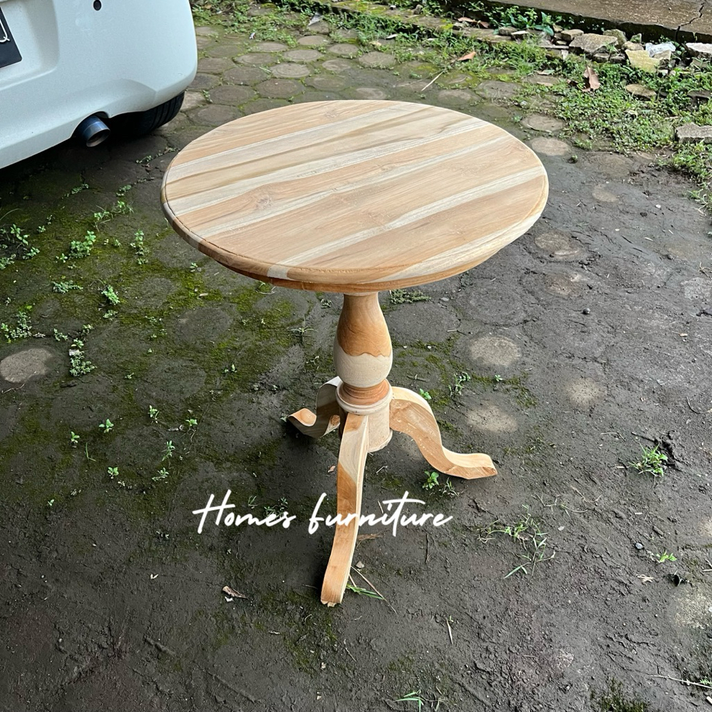 meja kopi kaki bubut bulat kayu jati