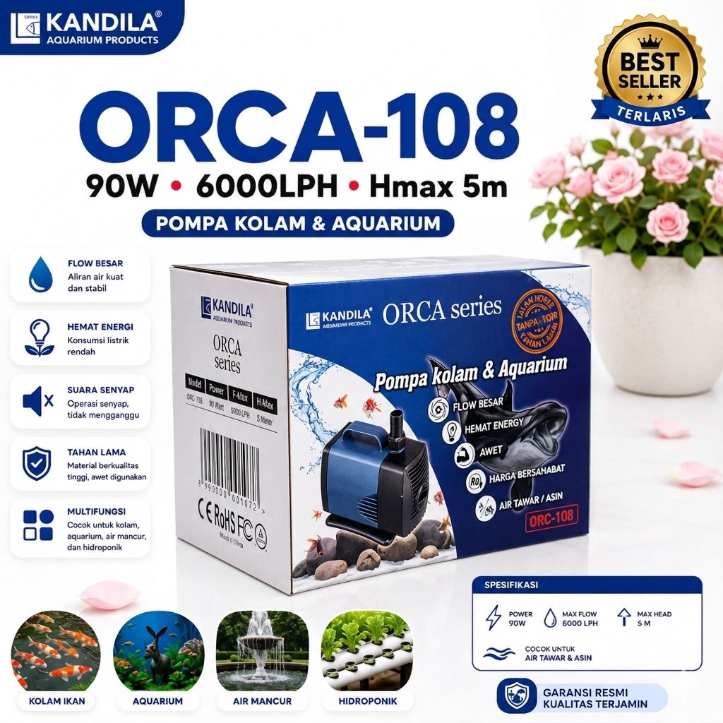POMPA AQUARIUM AIR LAUT DAN TAWAR KANDILA ORCA108 ORC-108 90W 6000 LPH Head 5 Meter