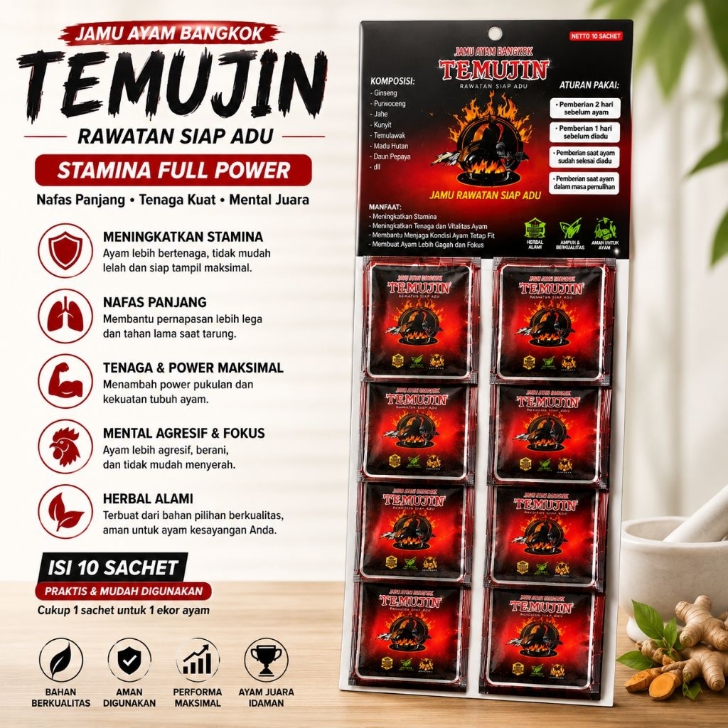TEMUJIN Jamu Ayam Bangkok Siap Adu 1 Renteng Isi 10 Sachet | Jamu Ayam Aduan Nafas Panjang Stamina P