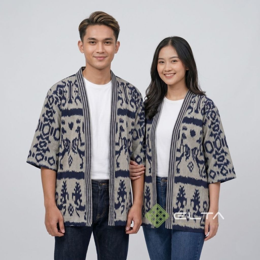 Ootd outer kimono kardigan tenun etnik motif sumba unisex cowok dan cewek couple