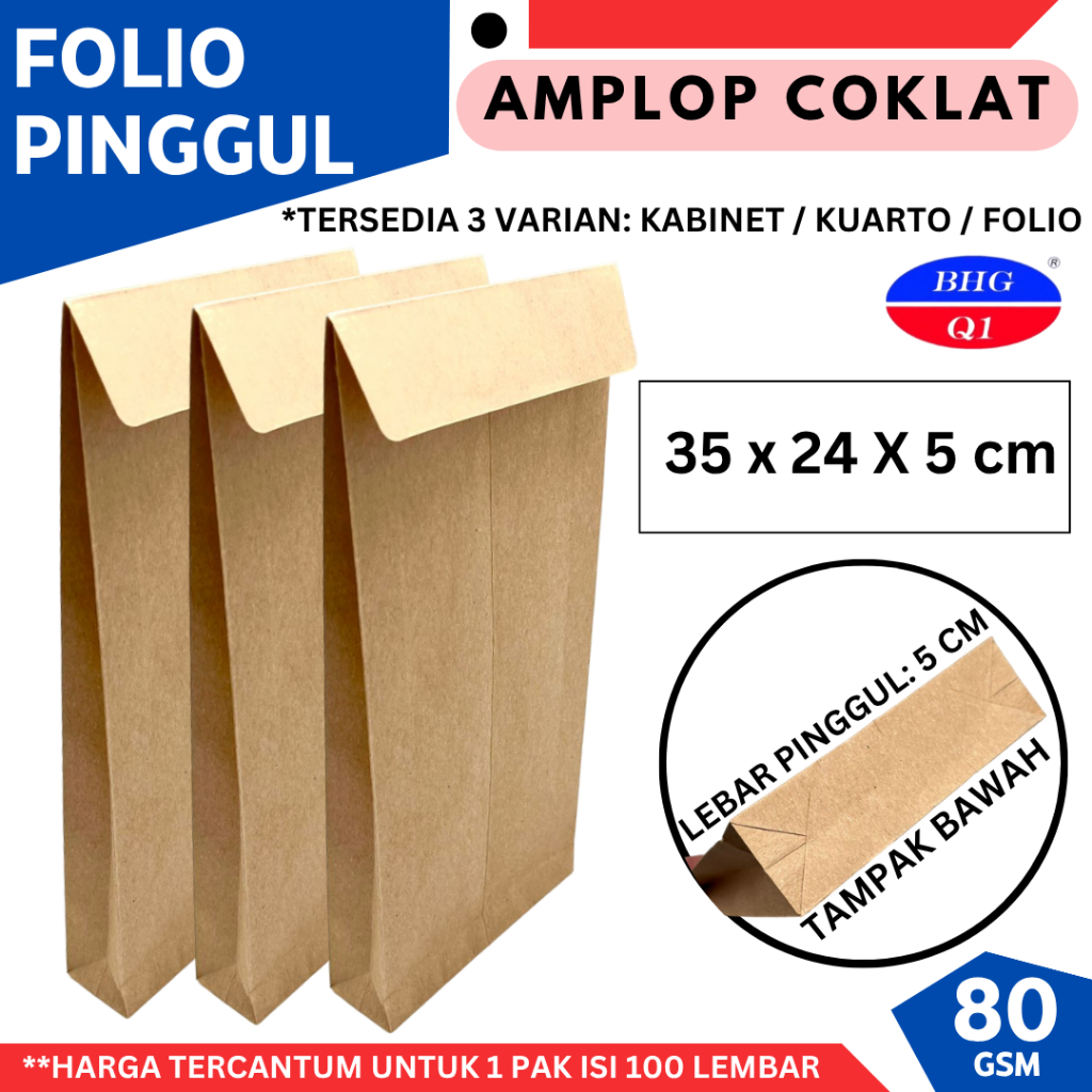 ( isi 100 Lbr ) Amplop Coklat Folio PINGGUL (24 x 35 X 5 CM) Paper Bag Kraft Amplop 80 gsm / Amplop 