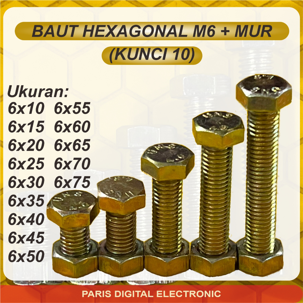 BAUT + MUR BESI M6 HEXAGONAL KUNING, KUNCI 10, DRAT PITCH 1.25
