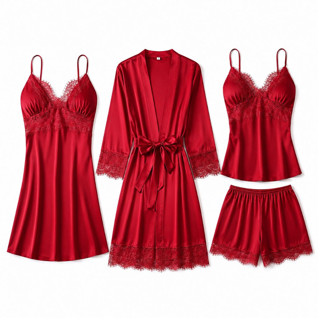 Piyama Wanita 4in1 Set Kimono – Baju Tidur Silk Sutra Lace Premium Import