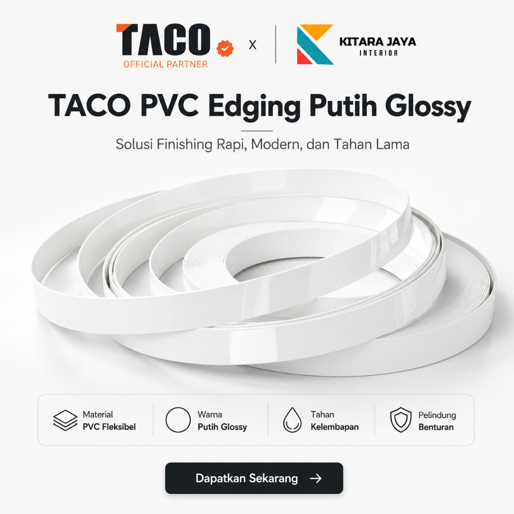 TACO PVC Edging Putih Glossy Ukuran 22mm & 42mm Original Taco Edging List Tepi HPL Furniture Kabinet