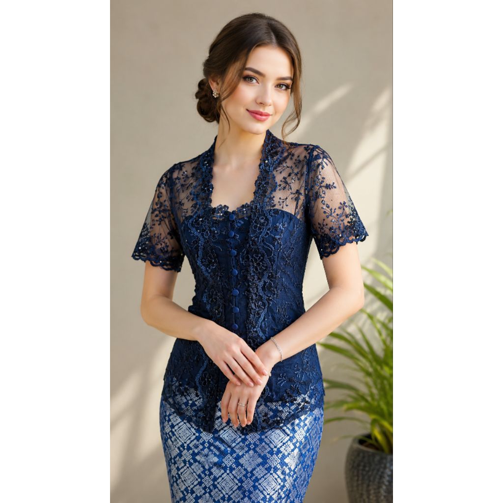 Kebaya Modern Wisuda Tunangan Kutubaru Biru Navy Lengan Pendek 215