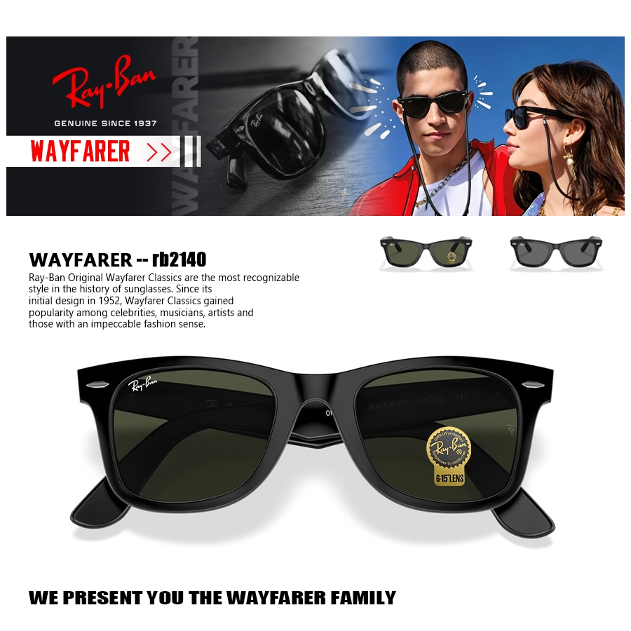 Asli kacamata hitam Ray-Ban WAYFARER RB2140 lensa kaca pria dan wanita Original Black Green sunglass