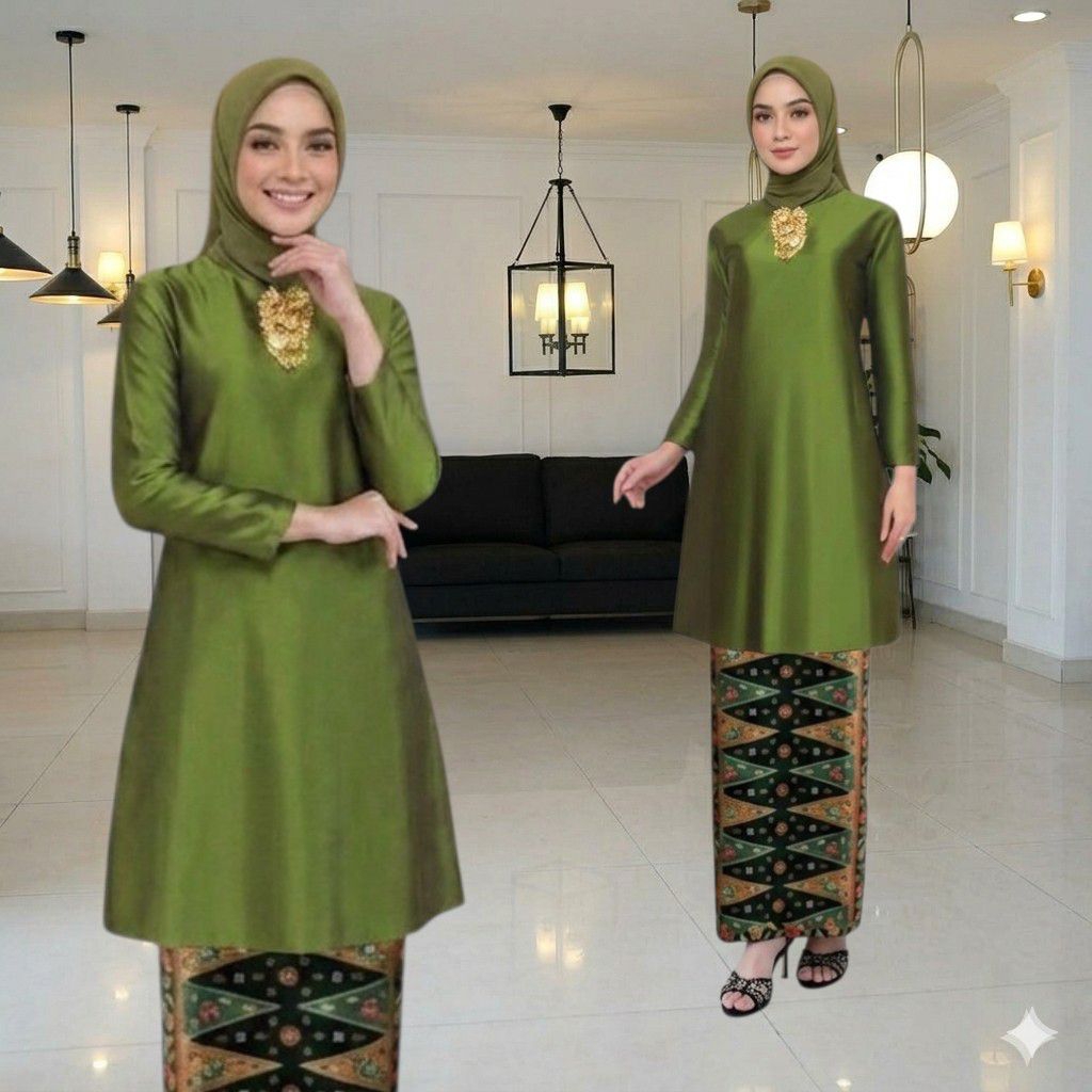 {1459} Set Tunik Sitinurbaya  - Set Tunik Kurung Melayu - Set Kebaya Tunik Polos+Rok Tumpal Batik