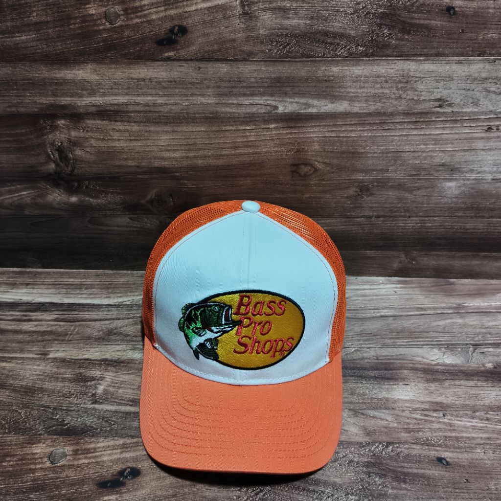 topi trucker hat bass pro shops bordir logo orange