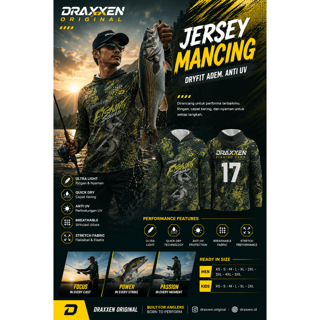 Jersey Mancing Hoodie Anti UV Dryfit Adem Lengan Panjang Custom Nama Logo Draxxen