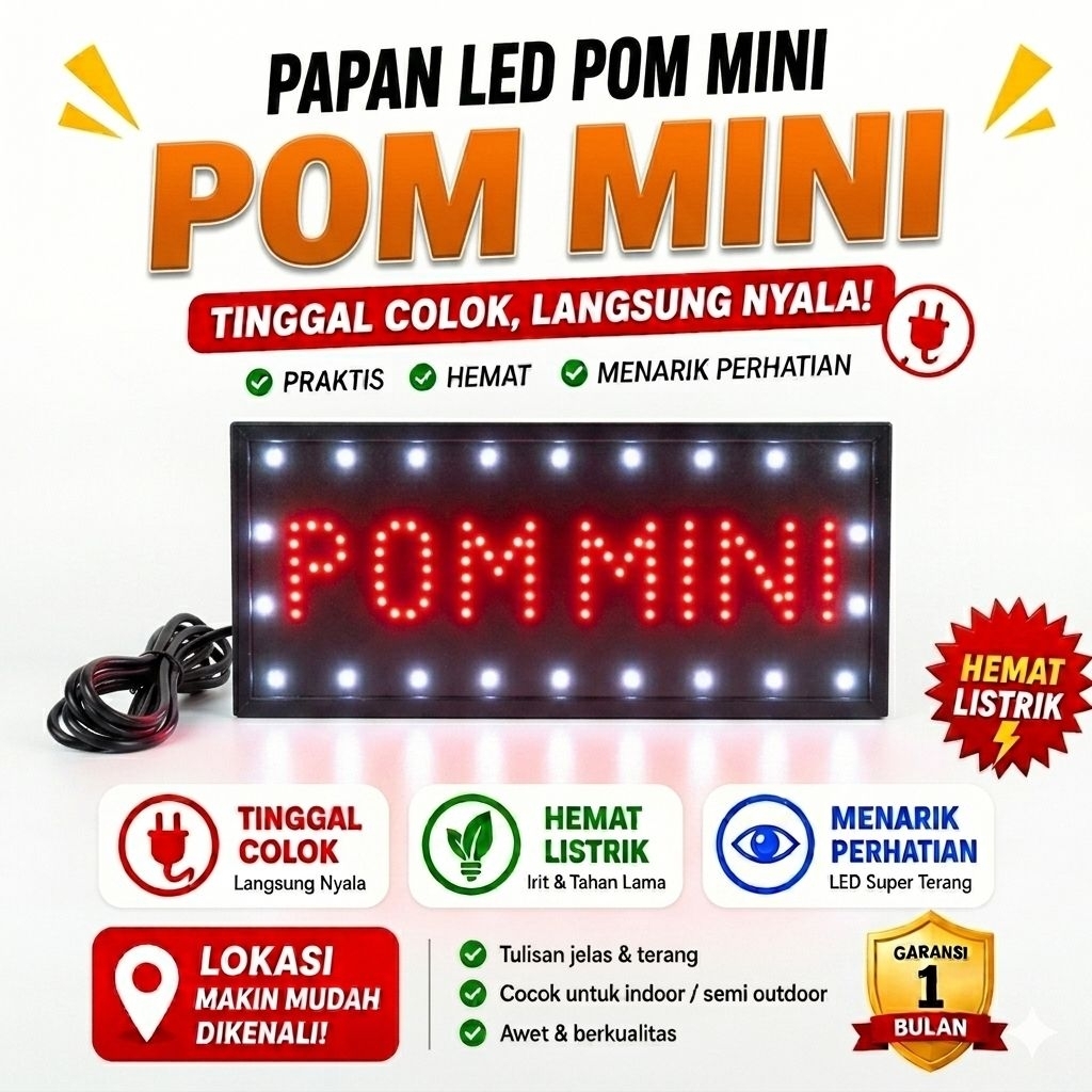 Tulisan lampu led sign POM MINI new hemat listrik tinggal colok listrik