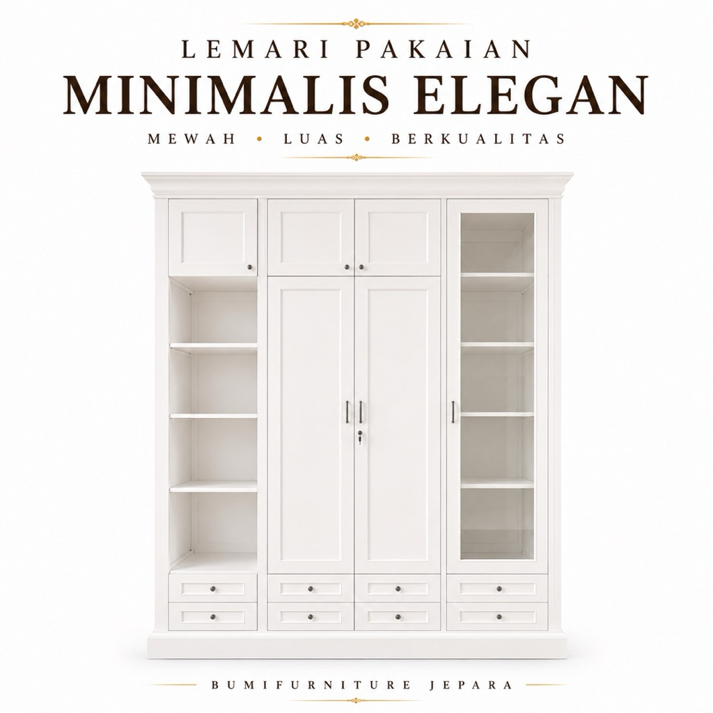 Lemari Pakain dan Tas 4 Pintu Kayu Jati Asli Lemari Pakaian Minimalis Elegan 4 Pintu Rak Display Kac