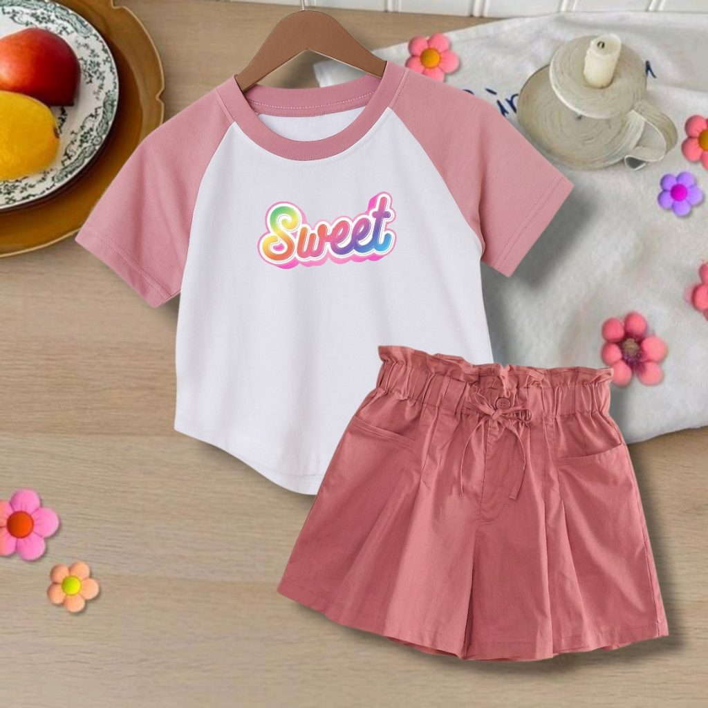 setelan anak cewek celana rempel baju reglan crop usia 1 2 3 4 5 6 7 8 9 10 11 12 tahun baju anak pe