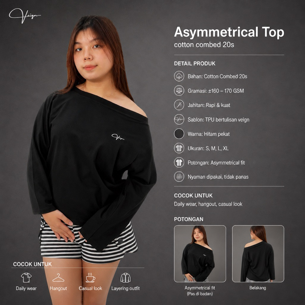 Veign kaos sweater atasan wanita Asymmetrical top lengan panjang | atasan off shoulder boat neck one