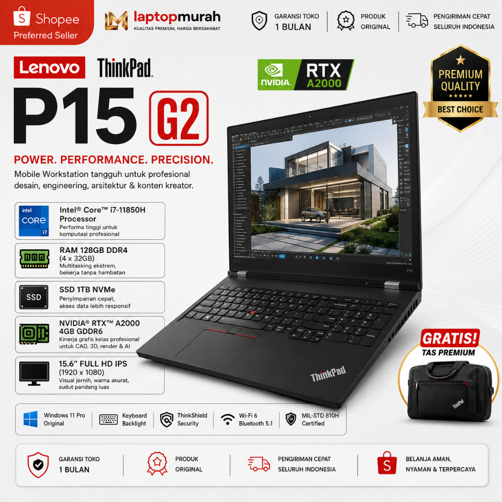 Lenovo Thinkpad P15 G2 Core i7-11850H RAM 128GB SSD 1TB Nvidia RTX A2000 Like New