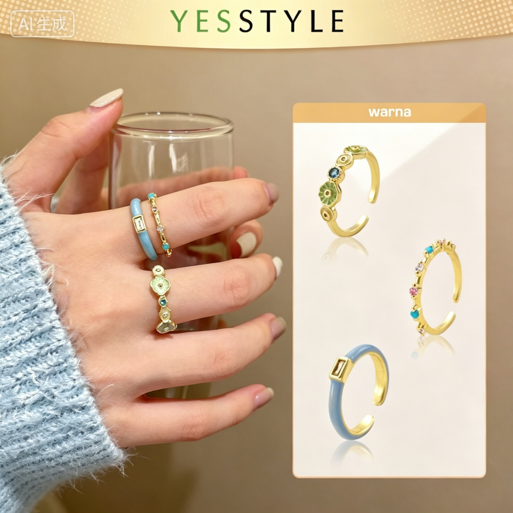 Yesstyle Cincin Crystal Enamel Vintage Cincin Wanita Adjustable Ring Aksesoris