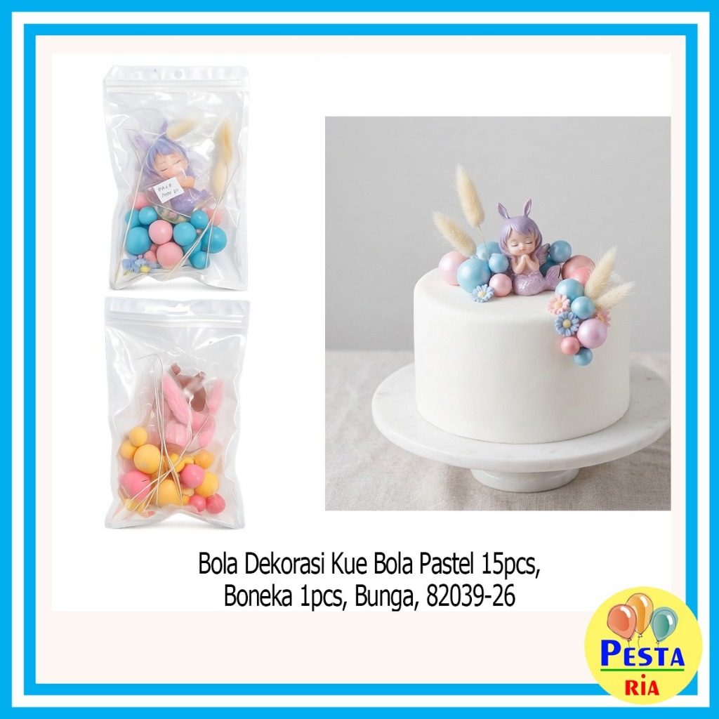 Murah Bola Dekorasi kue bola pastel 15pcs, boneka 1pcs, bunga, cake topper, hiasan ultah, topper ula