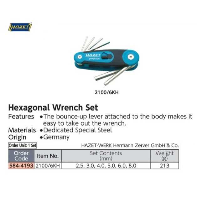 HAZET Hexagonal Wrench Set 6 Pcs Knife Type 2100/6KH