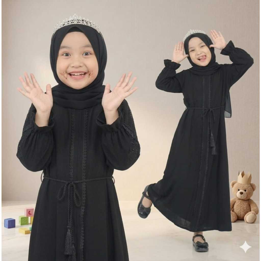 Abaya Anak alisha Gamis Perempuan Maxi Dress Syari Hitam Muslimah
