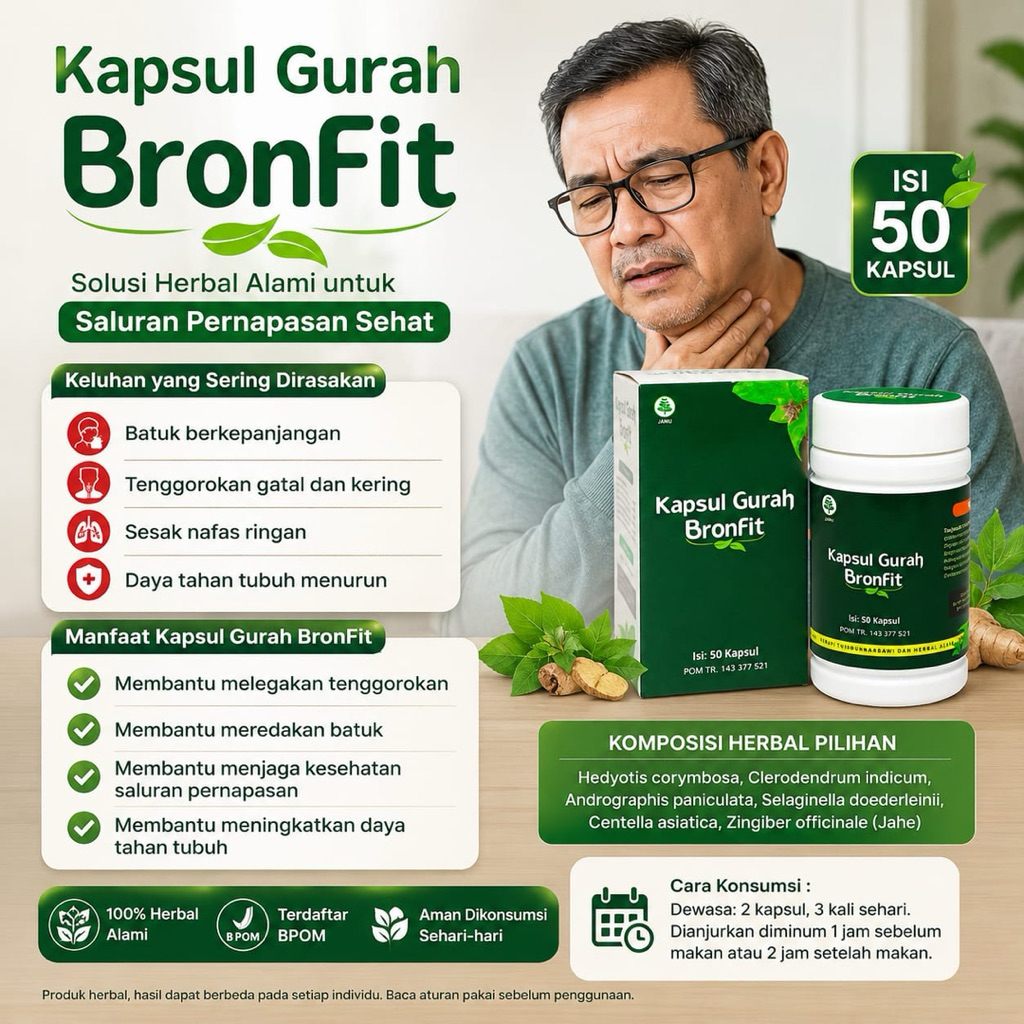 BronFit Kapsul Gurah Herbal Alami 50 Kapsul Bantu Jaga Kesehatan Pernapasan