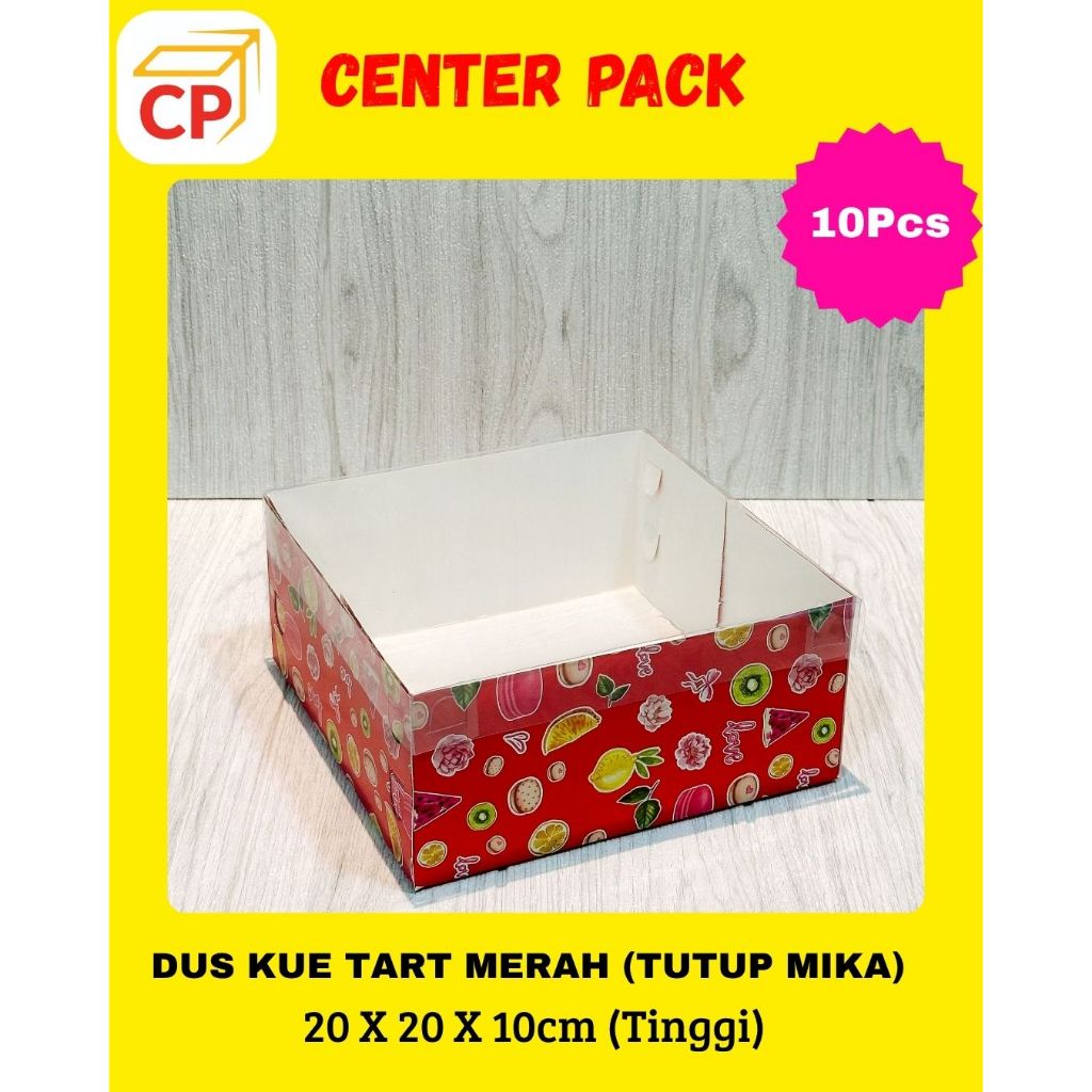 (10pcs) 20 x 20 x 10 CM Tinggi Dos DUS DUPLEX Kue Tart Merah Motif Cetak Tutup Mika