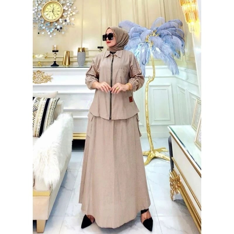 One Set Wanita Jumbo Cairo Set WD Size M L XL XXL XXXL LD 100-130 CM Bahan Linen Rami Setelan Rok Wa