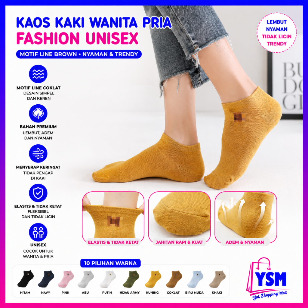 YSM KAOS KAKI WANITA PRIA FASHION UNISEX MOTIF LINE BROWN KAOS KAKI KARAKTER