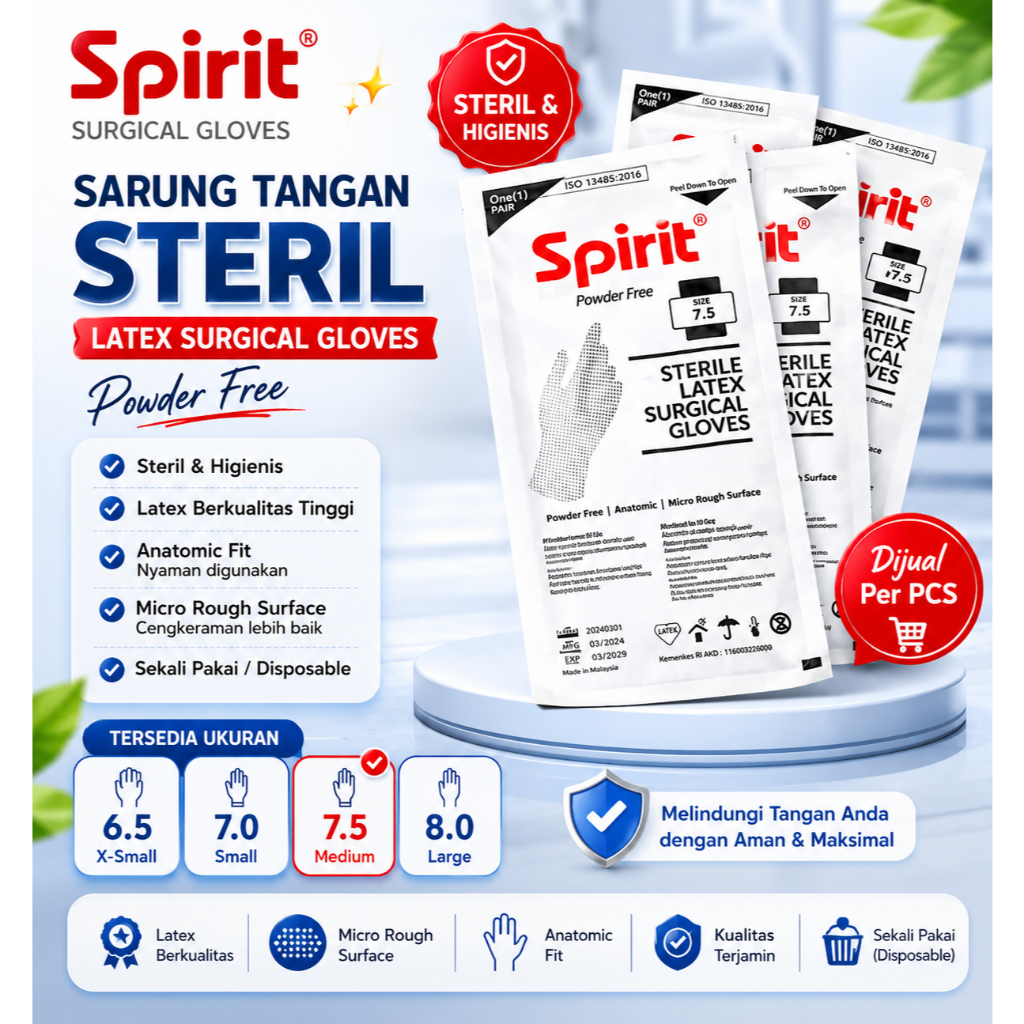 SPIRIT Surgical Gloves Sterile Latex Powder Free Sarung Tangan Steril Handscoon Bedah Medis Operasi 