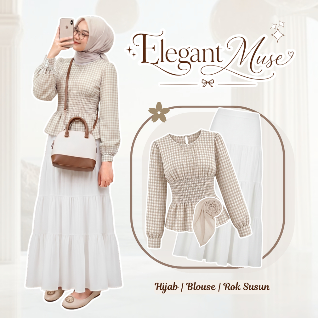 outfit 1 set One set remaja ( Atasan Wanita Kerut Pinggang Top Blouse Motif katun Tartan Kotak kotak