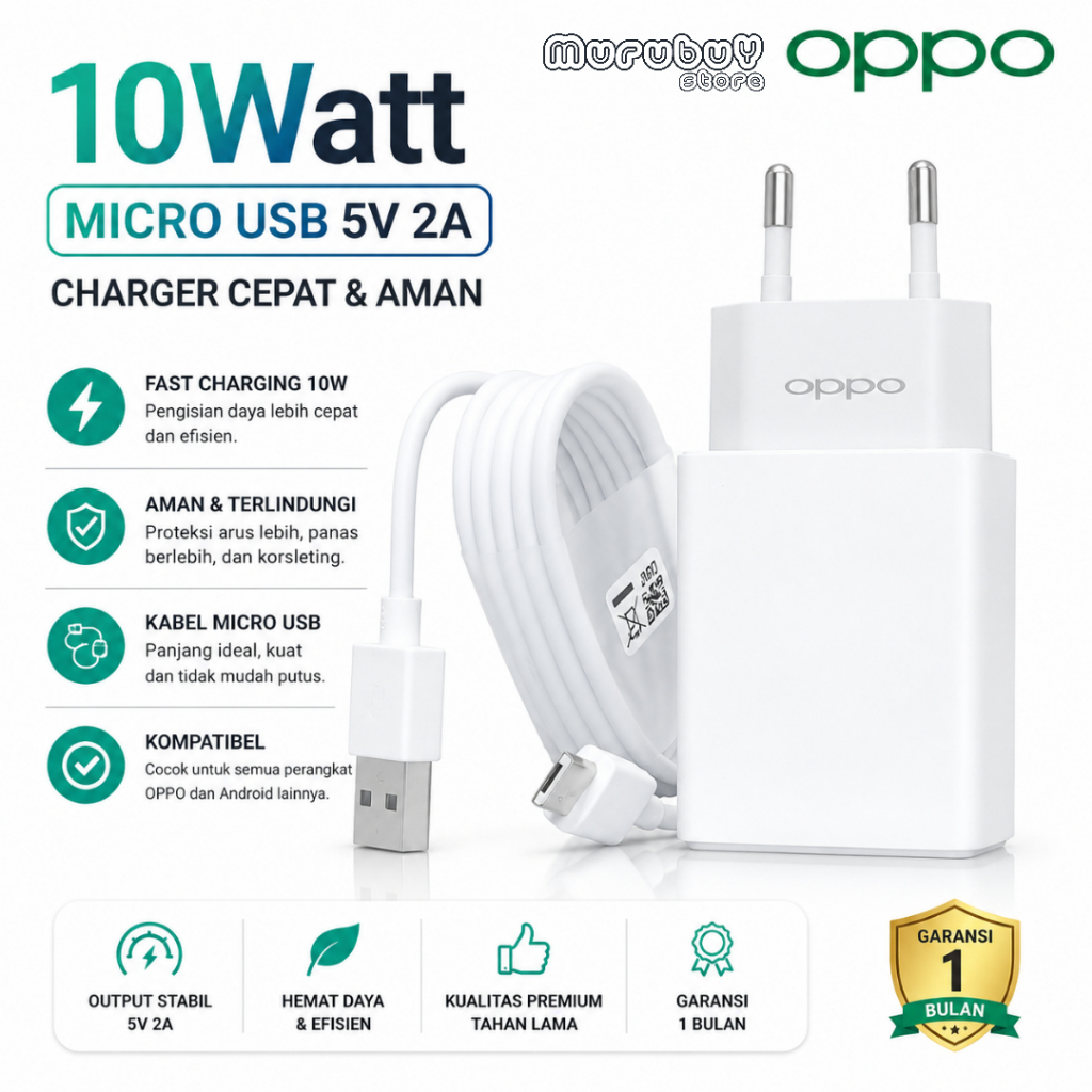 Charger OPPO Original 10W 5V 2A + Kabel Data Micro USB | Fast Charging | Cas HP Android