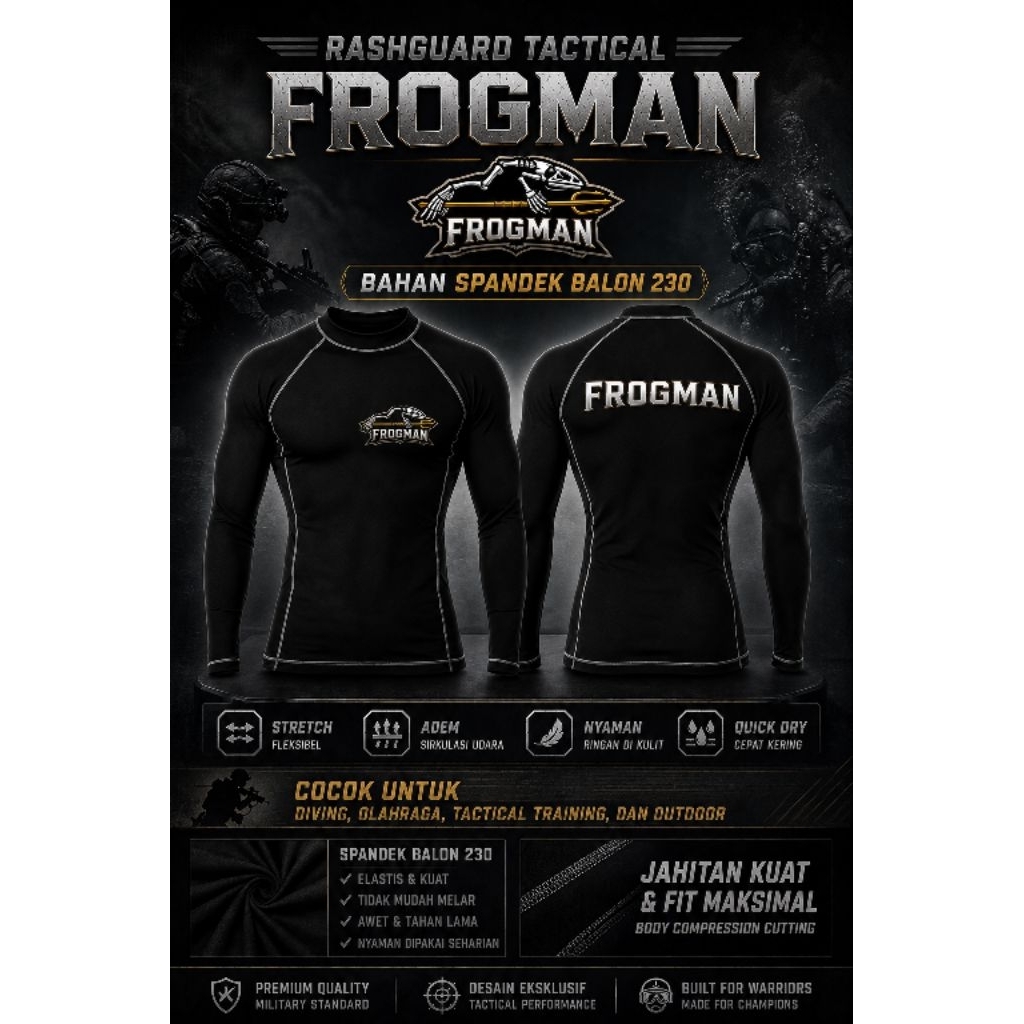 "Baju Rashguard Tactical Frogman Lengan Panjang - Bahan Spandek Balon 230 - Kaos Kompresi Olahraga D