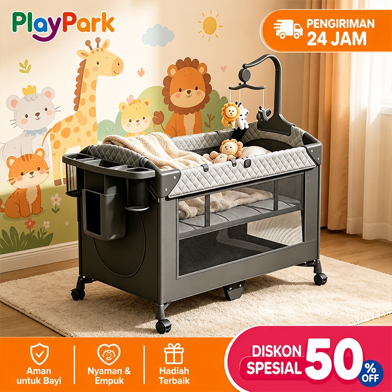 PlayPark Box Bayi Tempat Tidur Bayi 6in1 Bisa Dilipat Portabel dengan Roda Bonus Kelambu Hadiah