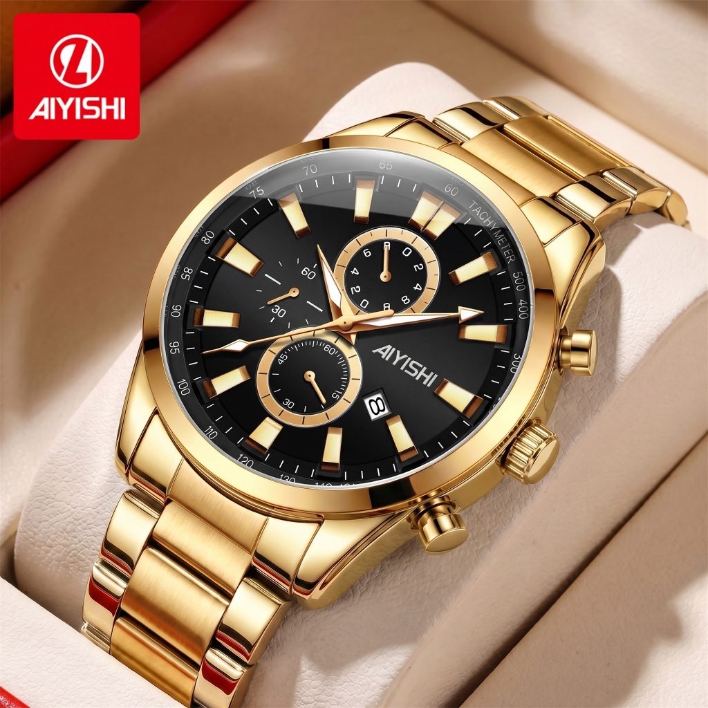Jam Tangan Pria AIYISHI - Chronograph Emas Perak, Tahan Air, Stainless Steel Original untuk Pekerja 