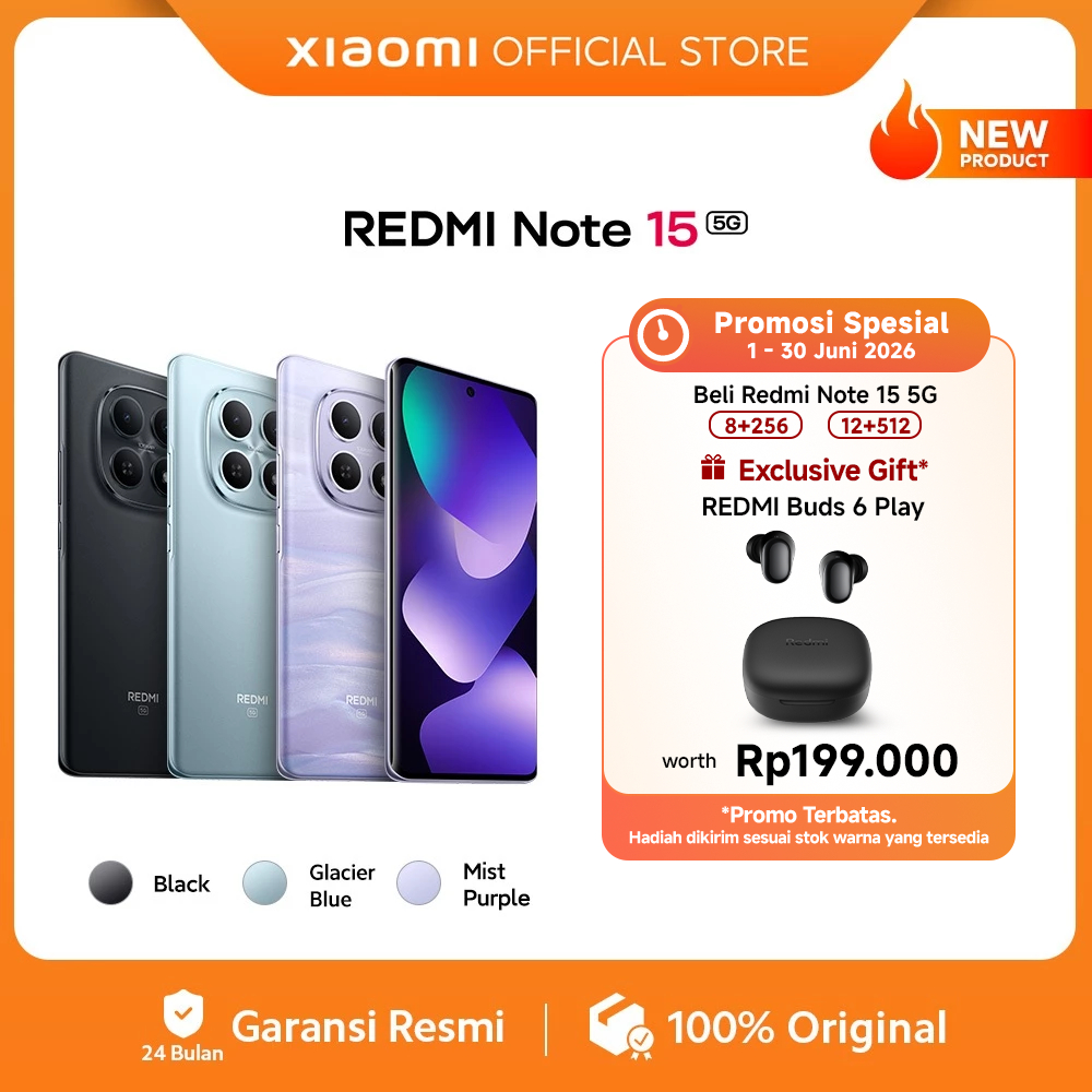 Xiaomi Redmi Note 15 5G (6/128 GB) (8/256 GB) (12/512 GB) | Baterai 5520mAh dengan desain ramping | 