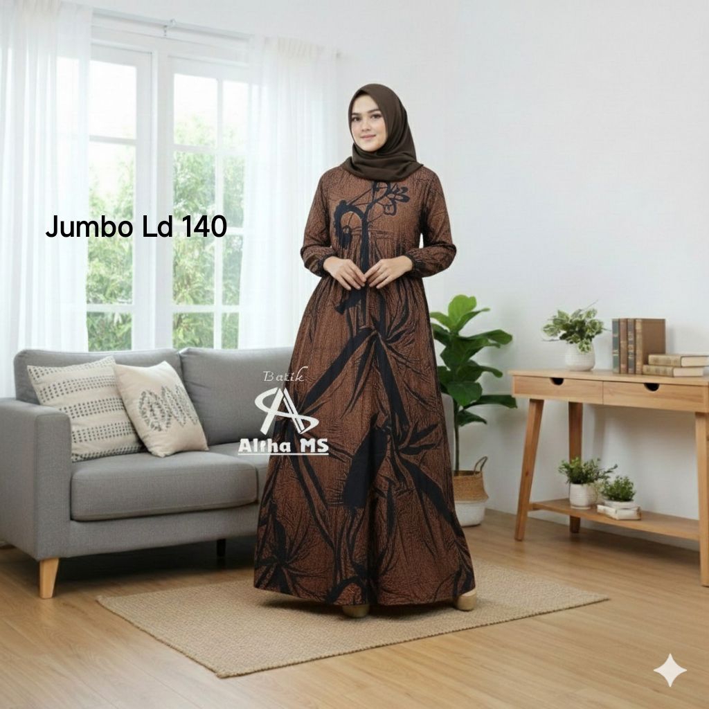 Batik Gamis Jumbo Ld 140cm Simpel Adem Flowy/jatuh Berkualitas Premium Baju Muslimah Syari Bigsize M