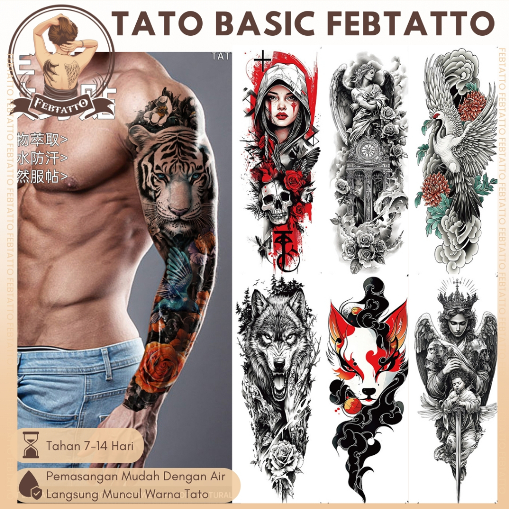 Tato Temporer Basic FULL LENGAN 17x48cm Tatto Temporary Tato Halal Tato air tengkorak wanita burung 