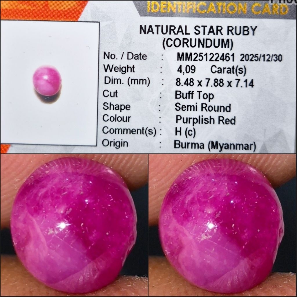 Natural Star Ruby Burma 4.09 crt Memo KGL Lab
