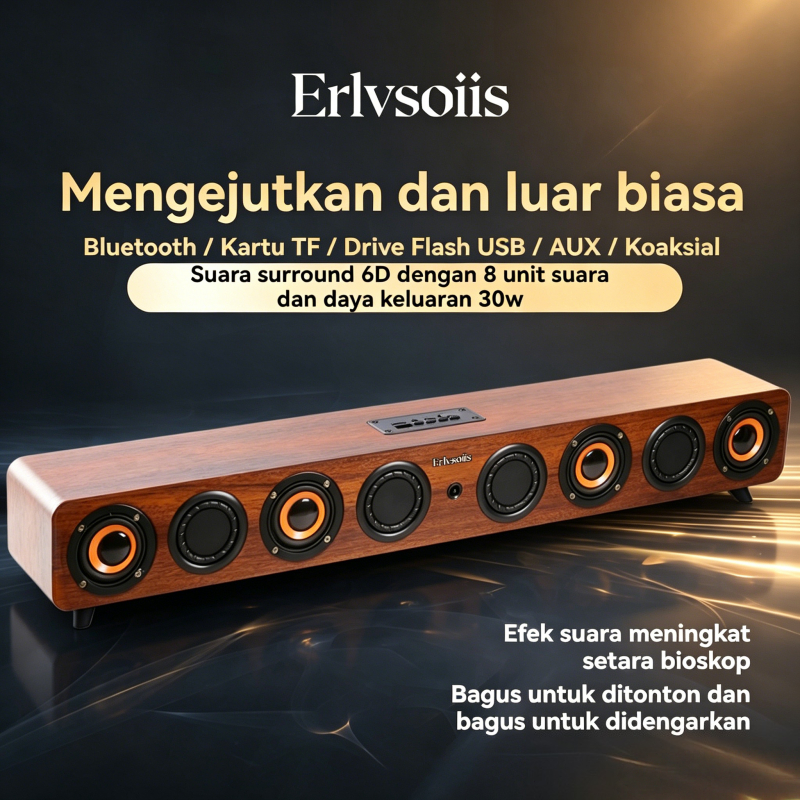 Erlvsoiis Soundbar Home Theater Kayu Coklat Model Standar 8 Unit Speaker 30W Efek Surround 6D Blueto