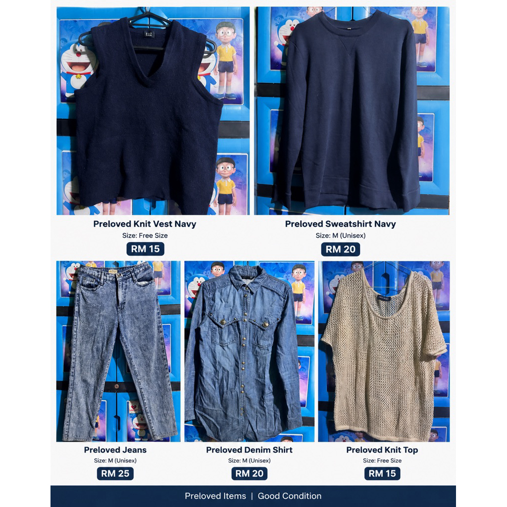 PRELOVED WANITA MURAH | SWEATSHIRT NAVY | ROMPI RAJUT | KEMEJA DENIM | JEANS PULL&BEAR | ATASAN RAJU