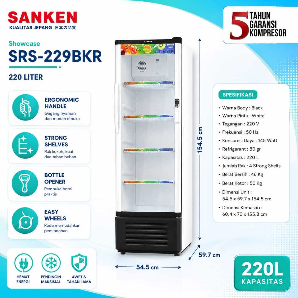 SANKEN Showcase Cooler 4 Rak – 220 Liter SRS-229-BKR / SRS 229 BKR / SRS 229BKR