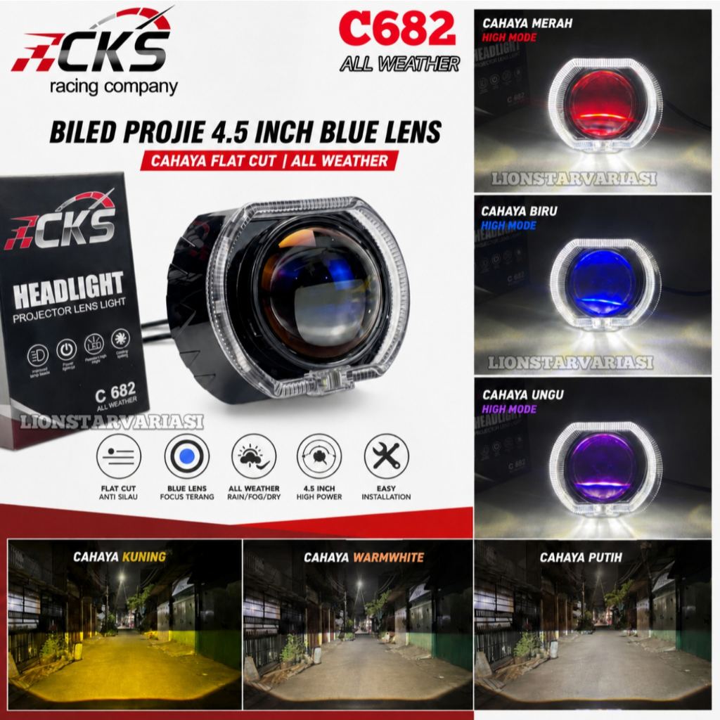 CKS Biled Projector 4.5 Inch Blue Lens Cahaya Allweather 3 Colour Plus Devil Kipas High Low Flat Cut