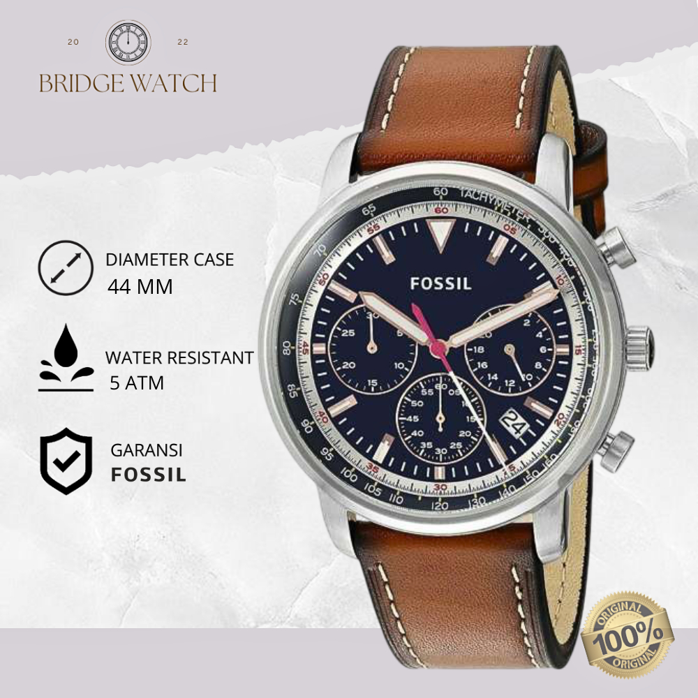 Jam Tangan Pria Fossil FS5414 Goodwin Chronograph Brown Leather Strap Kulit Coklat Casual Original