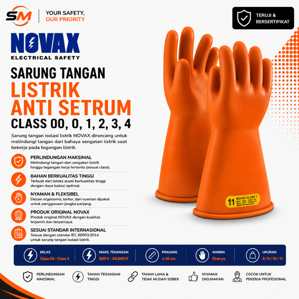 Sarung Tangan Novax Isulating Gloves Class 00 sampai Class 4 Anti Setrum