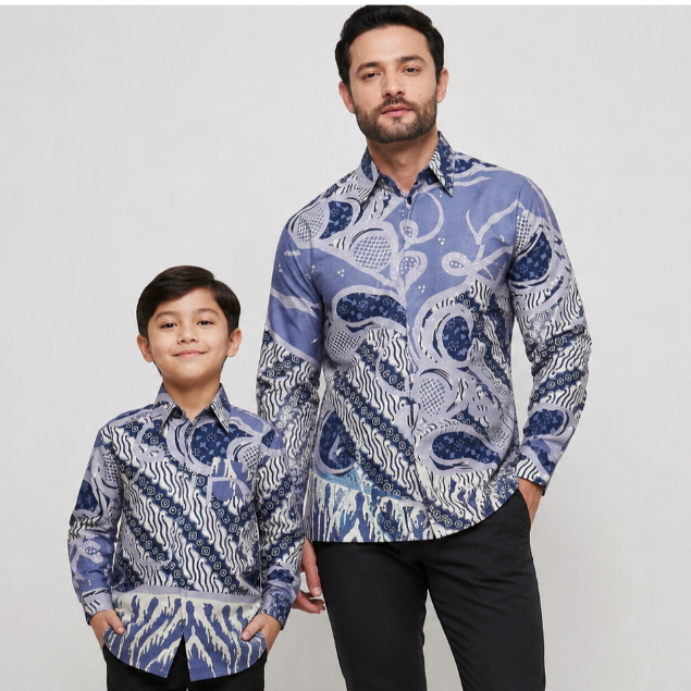 Batik Warna Biru Denim, Kemeja Batik Couple Ayah Anak Warna Biru Denim, Batik Katun Solo Premium.